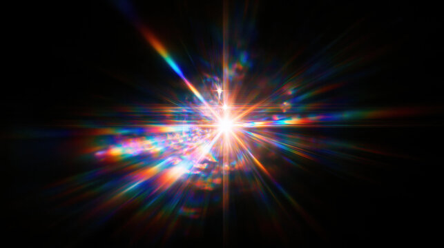 Radiant light burst with prism rainbow rays and glowing star on black background, abstract energy explosion with colorful flare and sparkle
