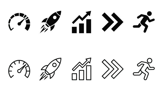 Minimalist vector progress icons set featuring speedometer, rocket, bar chart, arrows, and running figure in filled and outlined styles for acceleration and growth design