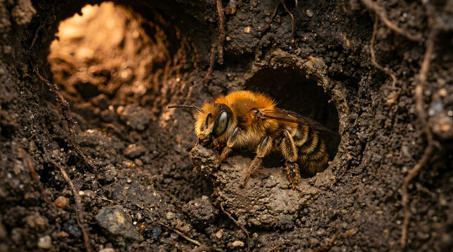 tawny mining bee building nest underground