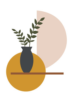 Modern boho abstract illustration featuring ceramic pottery vases with plant stem for contemporary interior wall decor.