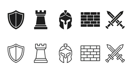 Minimalist vector defense icons set featuring shield, rook chess piece, warrior helmet, brick wall, and crossed swords in filled and outlined styles for strategy design © Stockify