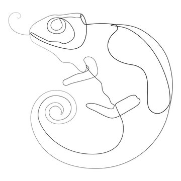 Continuous line art of a cute chameleon with a curly tail.