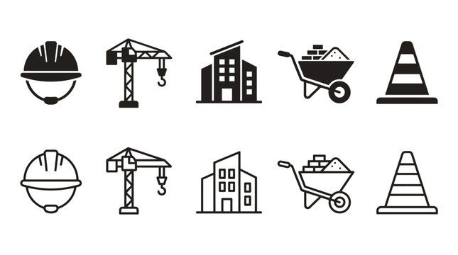 Minimalist vector construction icons set featuring helmet, crane, building, wheelbarrow, and traffic cone in filled and outlined styles for architecture and safety design