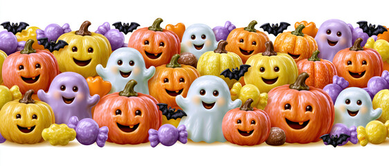 Fototapeta premium Seamless halloween border with smiling pumpkin and ghost candy decoration on white background