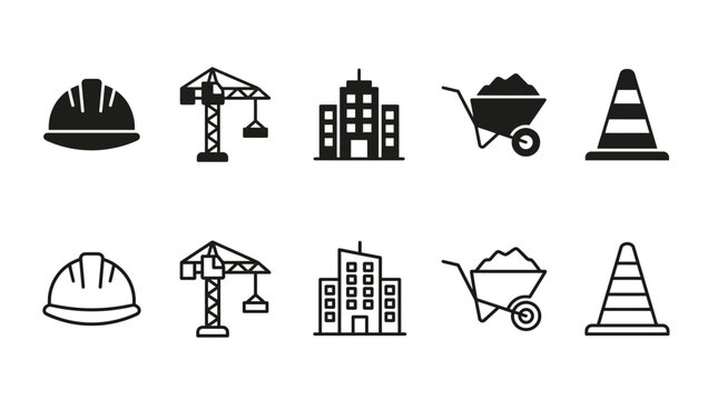 Minimalist vector construction icons set featuring helmet, crane, building, wheelbarrow, and traffic cone in filled and outlined styles for architecture and safety design