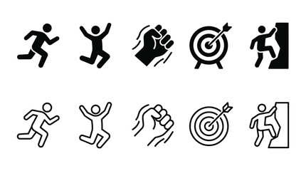 Minimalist vector fitness icons set featuring running, jumping, fist, target, and climbing symbols in filled and outlined styles for motivation and achievement design © Stockify