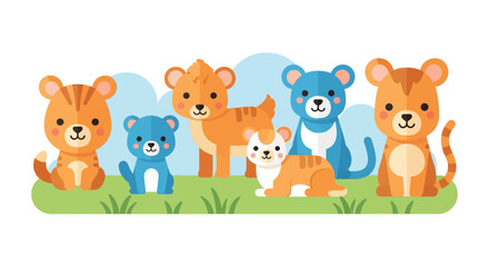 Fototapeta premium Group of cute cartoon big cat cubs standing and sitting on green grass
