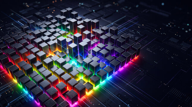 Abstract 3D Grid of Black Cubes with Vibrant Rainbow Neon LED Lighting