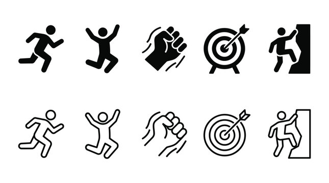 Minimalist vector fitness icons set featuring running, jumping, fist, target, and climbing symbols in filled and outlined styles for motivation and achievement design