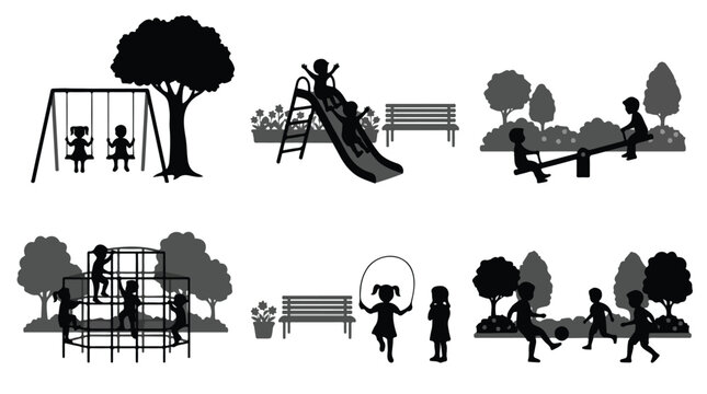 Black silhouette playground icons set, children playing on park equipment vector, kids outdoor recreation activities and school yard silhouettes