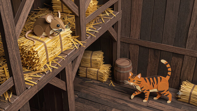 A construction paper illustration of a brown mouse sitting on a hay bale in a wooden loft, hiding from an orange tabby cat prowling on the floor below next to a barrel.