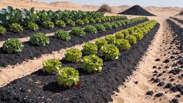 Lettuce plant rows grow desert soil with black volcanic rock and sand dunes clear sky showing sustainable agriculture arid land