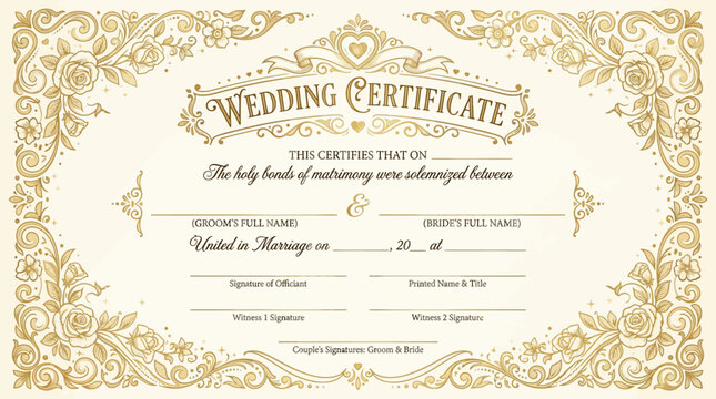 Elegant Wedding Certificate with Floral Ornate Border - Marriage License Document