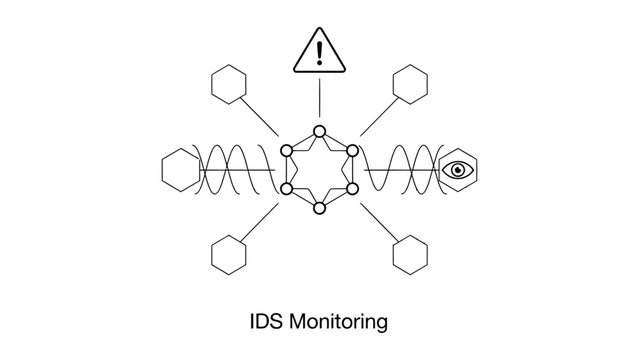 Intrusion detection system monitoring diagram with central hexagon, warning triangle, and eye symbol on white background