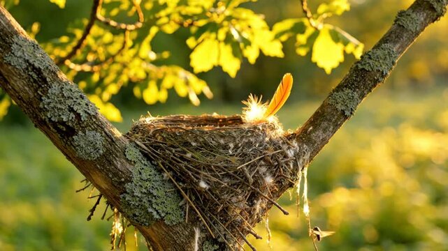 Empty bird nest on tree branch with sunlight illuminating the natural habitat in a beautiful outdoor landscape