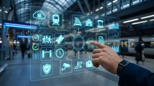 Man's hand using futuristic transport management interface with icons for train, ticket, security