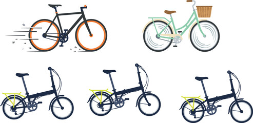 Obraz premium Bicycle Collection Vector Set Featuring Road Bike, City Bicycle, Folding Bike and Urban Cycling Transportation Illustrations