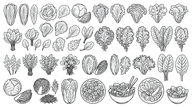Hand drawn salad greens and leafy vegetables vector set, vintage line art cabbage and lettuce collection, organic farm food sketches for menu design