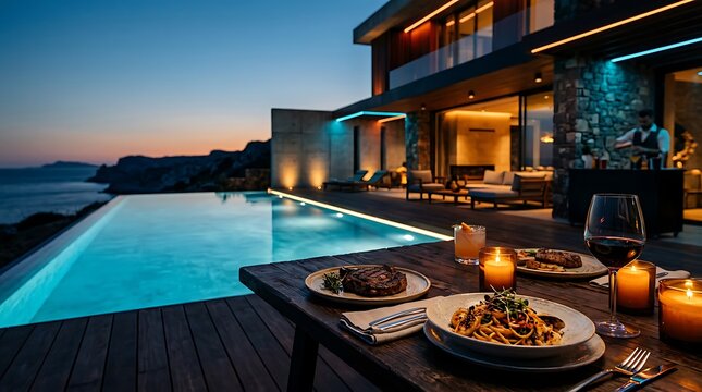 Modern kitchen with blue countertop and breakfast setup.