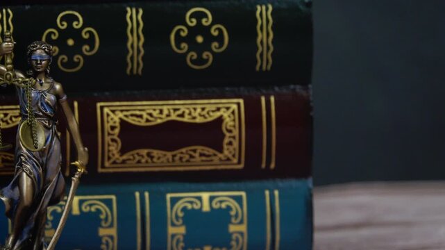 Lady Justice stands beside law books representing justice legal knowledge fairness and the enduring principles of the legal system