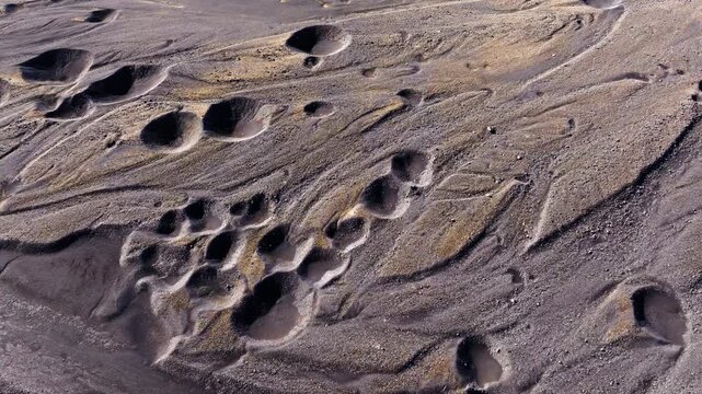 Dimpled appearance of sandur glacial outwash plain due to kettle holes. Aerial