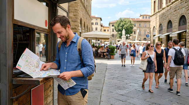 A man enjoys a digital detox and returns to an analog lifestyle while exploring ancient Italian city streets with a paper city map