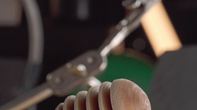 Macro view of wooden honey dipper resting on honey jar lid, highlighting natural wood texture, honey serving utensil details, and culinary presentation.
