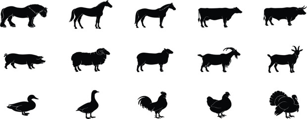 Farm animal silhouette collection featuring horses, cows, bulls, sheep, goats, ducks, geese, chickens and turkey black vector illustration set © MdBelal