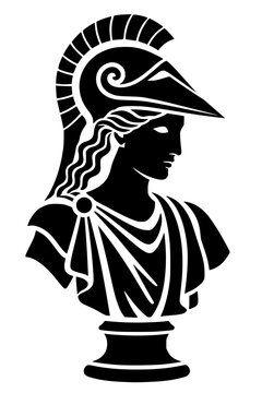 Bold black silhouette of Athena goddess bust wearing a Corinthian helmet on a pedestal, minimalist illustration perfect for Greek mythology, wisdom, and classical art themes.