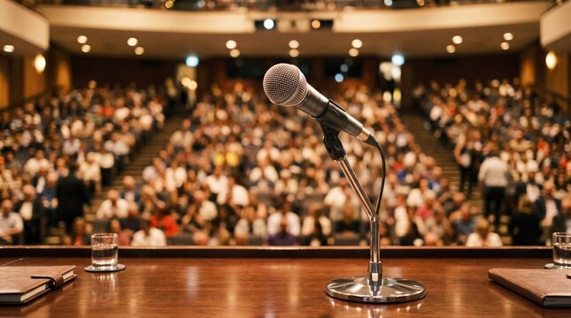 Microphone on stage with audience in auditorium