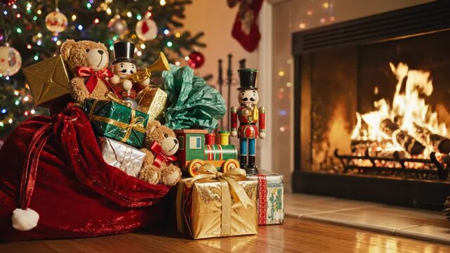 Cozy Christmas scene featuring a fireplace, decorated tree, and Santa's sack filled with presents
