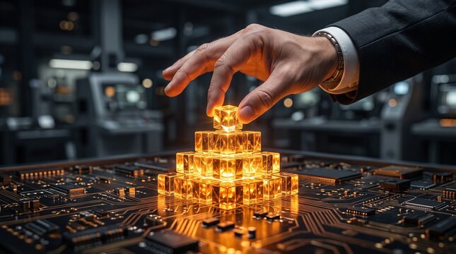 Hand placing glowing cube on circuit board for quantum computing and data concept