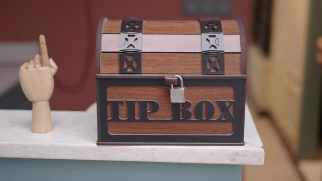 Treasure chest placed on counter for tips at cafe
