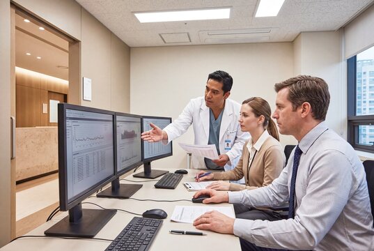 Wide view of a multidisciplinary healthcare team reviewing digital patient information and coordinating treatment in a modern clinic, with group discussion and documentary realism