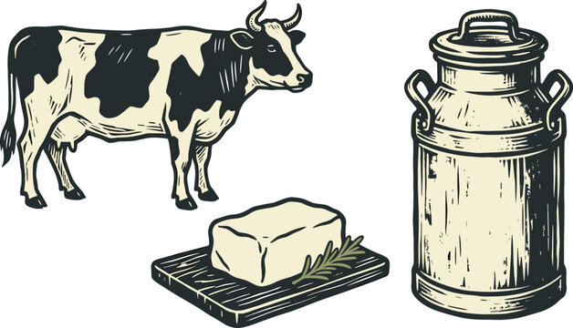 Vintage Dairy Farm Collection Vector Set Featuring Holstein Cow, Butter Block and Antique Milk Can Engraving Style Illustrations