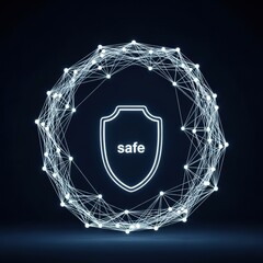 Fototapeta premium Digital security concept featuring a glowing white shield icon with word safe inside a circular wireframe network of connected nodes and lines on dark background.