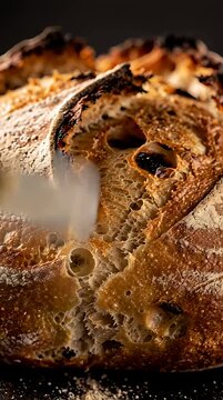 Artisan sourdough bread loaf sliced with knife on dark background with warm side lighting