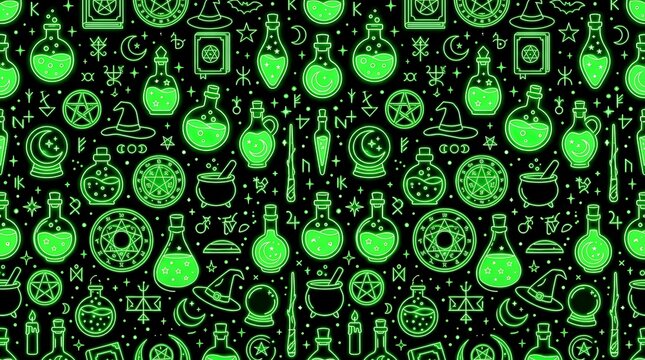 Seamless pattern of glowing green magical potions and occult symbols