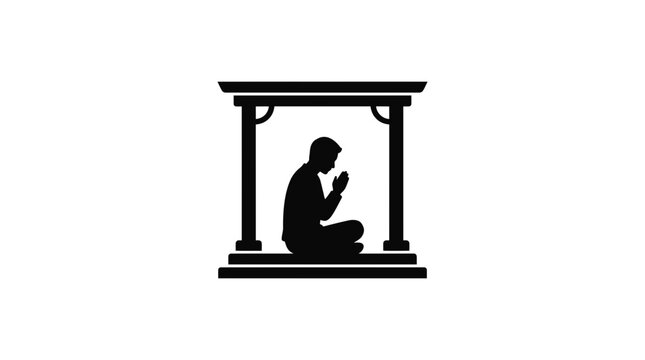 Minimalist black silhouette of man meditating inside temple structure