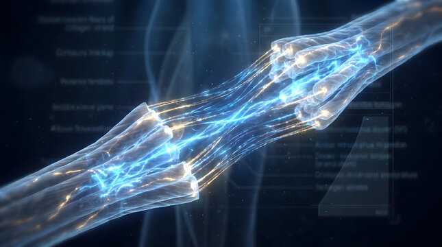 Glowing protein fibers bridging together under microscopic view. Collagen synthesis repairing damaged structural tissue. Biomedical graphic for firming cosmetic formulations.