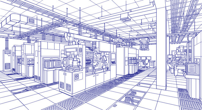 Semiconductor Chip Manufacturing Plant Sketch Line Art, Microchip Fabrication Facility Industrial  Engineering Illustration