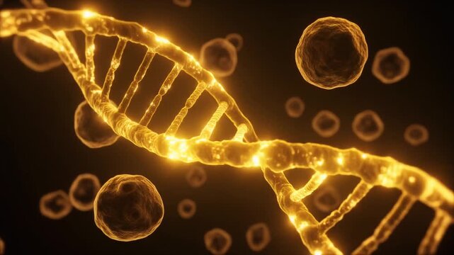 DNA double helix and floating cells, abstract medical visualization of genetics in dark background