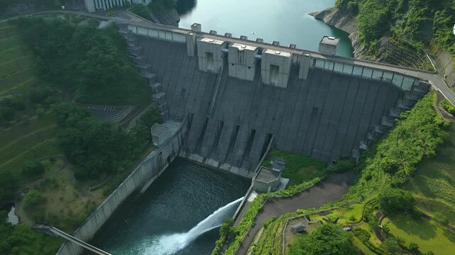 Aerial drone footage of Nagashima Dam on the Oi River, Shizuoka, Japan
