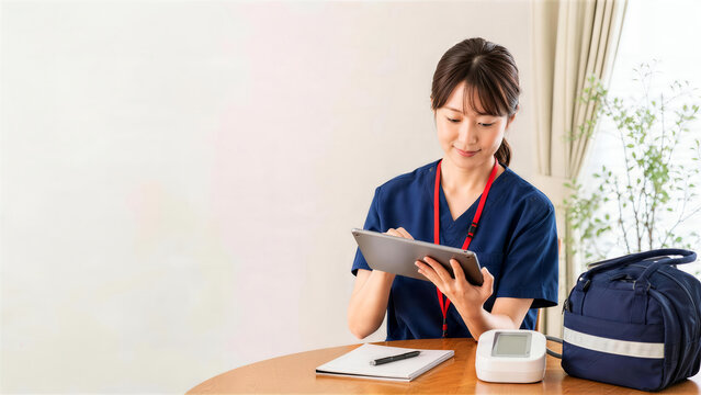血圧計と訪問看護バッグのそばでタブレットに記録する日本人看護師