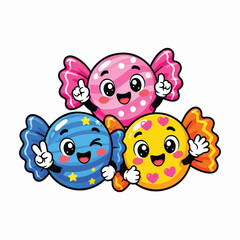 Fototapeta premium Cute Fruit Candy Mascot Characters Flat Vector Illustration Kawaii Colorful Fruit Candy Cartoon for Stickers, Packaging and Merchandise