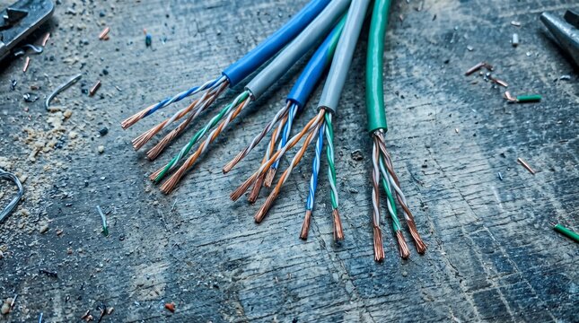 Stripped Electrical and Network Cables with Exposed Copper Wires on Workshop Table