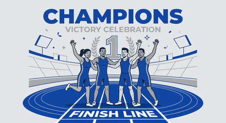 Obraz premium Champions Victory Celebration On The Finish Line Stadium Track With Athletes