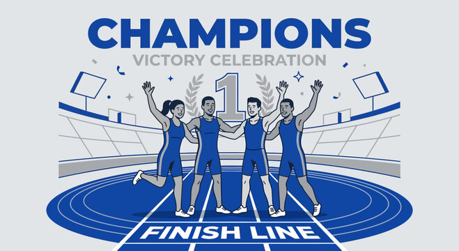 Champions Victory Celebration On The Finish Line Stadium Track With Athletes