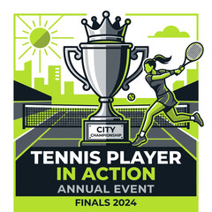 Naklejka premium Champion Tennis Player Strikes Ball In City Tennis Championship Finals