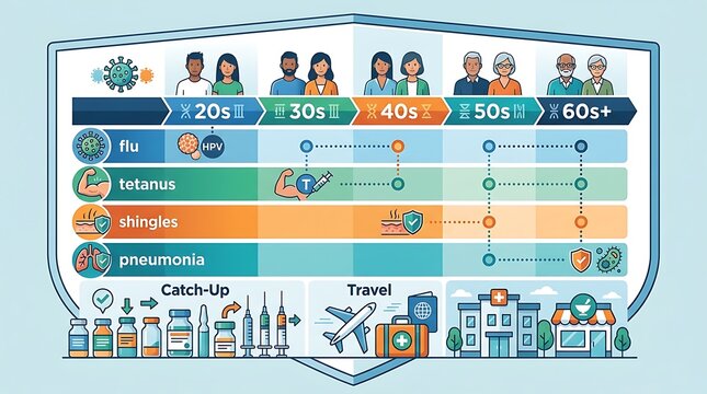 Adult immunization schedule infographic for different age groups